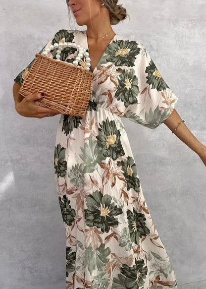 Green V Neck Print Cotton Maxi Dresses Butterfly Sleeve