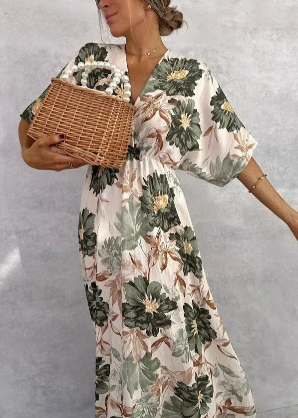 Green V Neck Print Cotton Maxi Dresses Butterfly Sleeve