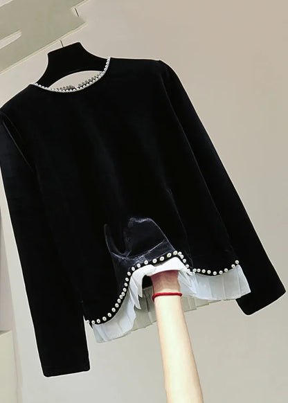 Simple Black O-neck Nail Bead Silk Velvet Sweater Winter