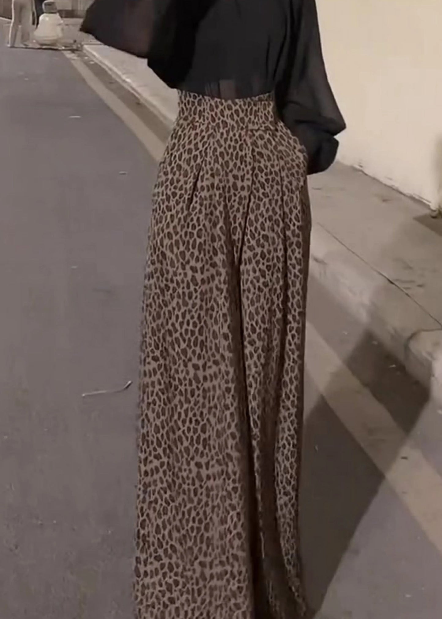 Leopard Pockets High Waist Cotton Wide Leg Pants Fall