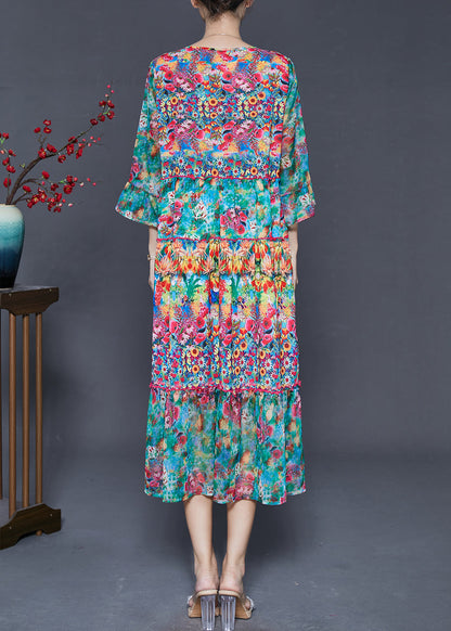 Green Print Chiffon Tea Dresses Bracelet Sleeve