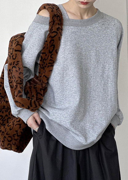 Grey Cotton Top Asymmetrical Long Sleeve