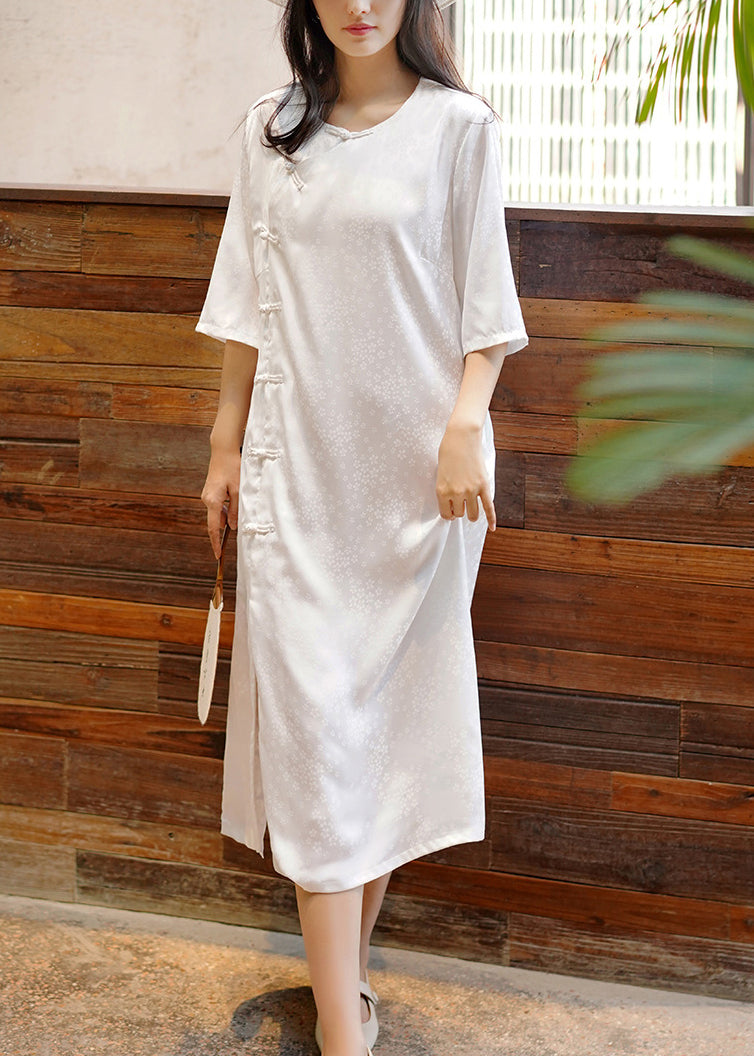 Light Green O Neck Oriental Button Silk Dress Summer