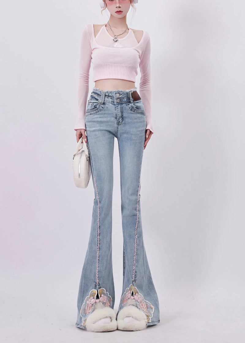 Organic Blue Embroidered Side Open Denim Bell-bottom Trousers Spring