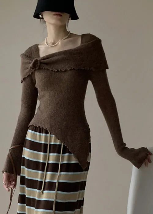Coffee Knitting Cotton Sweater Square Collar Flare Sleeve