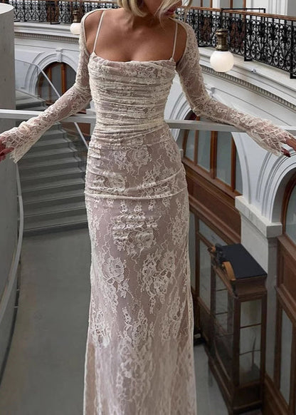 New White Long Sleeved Cape Lace Spaghetti Strap Dress Set