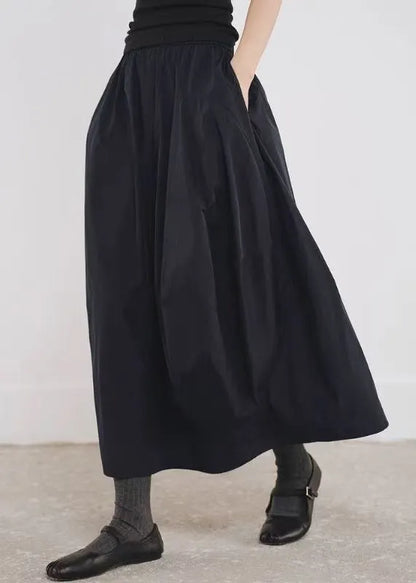 Simple Black Pockets Elastic Waist Cotton a Line Skirts Fall