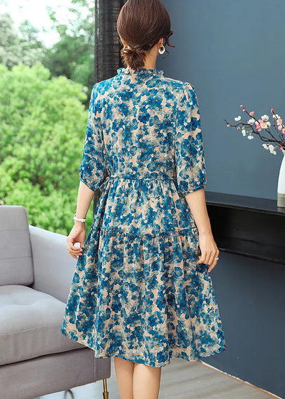 Blue Print Tunic Dresses Ruffled Summer