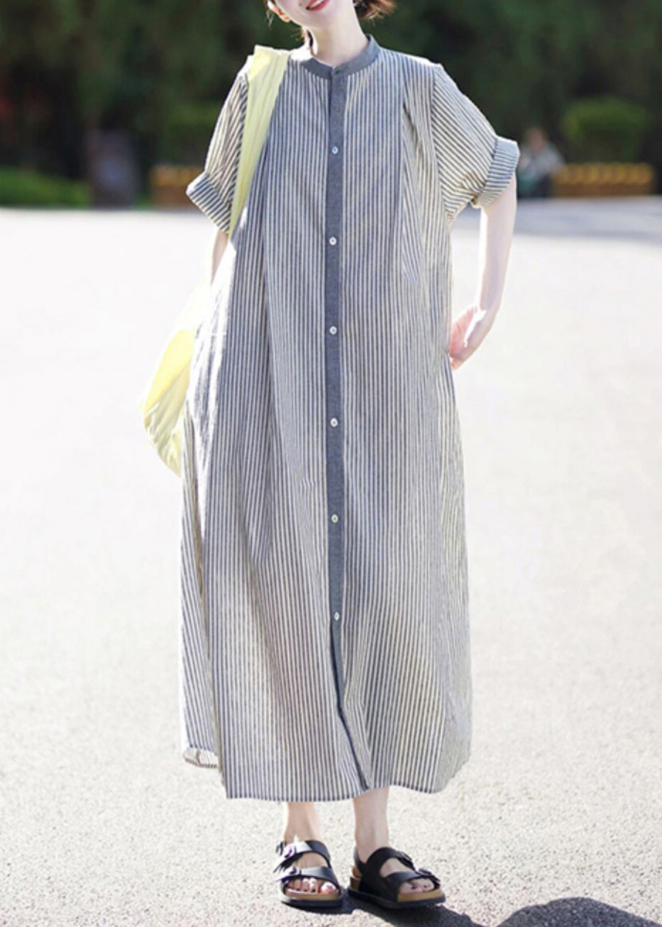 Stand Collar Striped Button Cotton Shirts Dress Summer