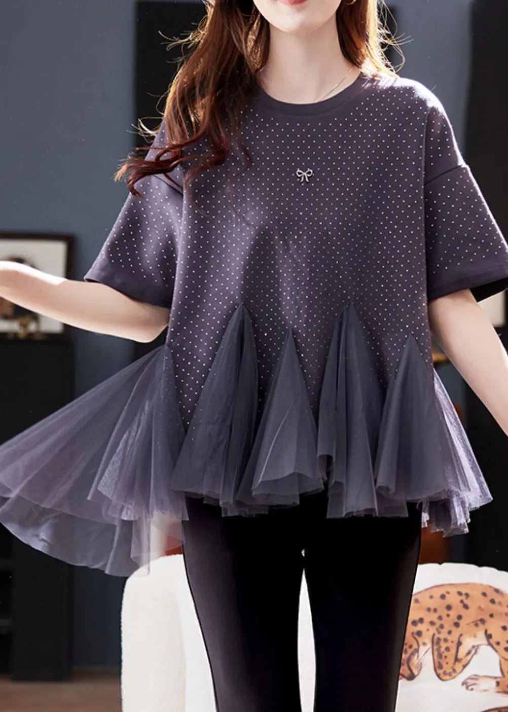 Grey O-neck Tulle Patchwork Zirco Knit T Shirt Short Sleeve