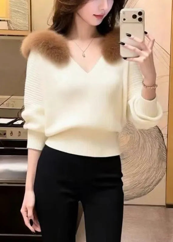Slim Fit Beige Fur Collar Knit Sweater Tops Winter