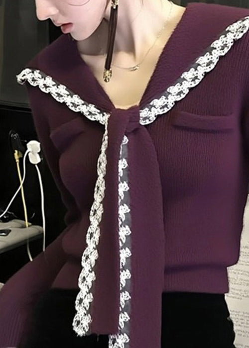 Purple Sailor Collar Lace Patchwork Knit Sweater Winter