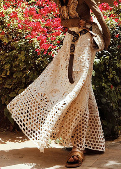 Apricot Hollow Out Lace Elastic Waist Cotton Skirts Summer