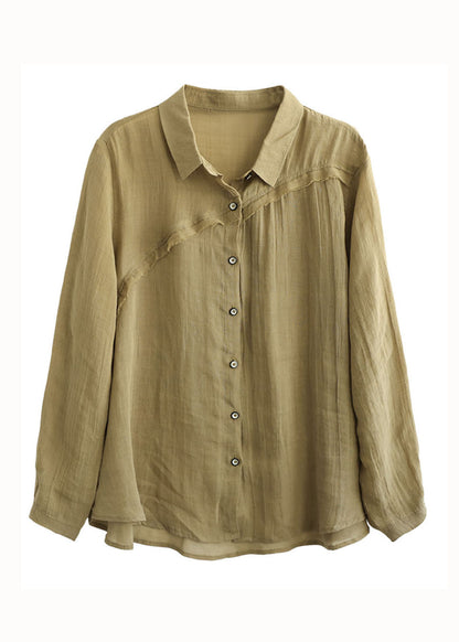 Green Peter Pan Collar Patchwork Linen Blouses Long Sleeve