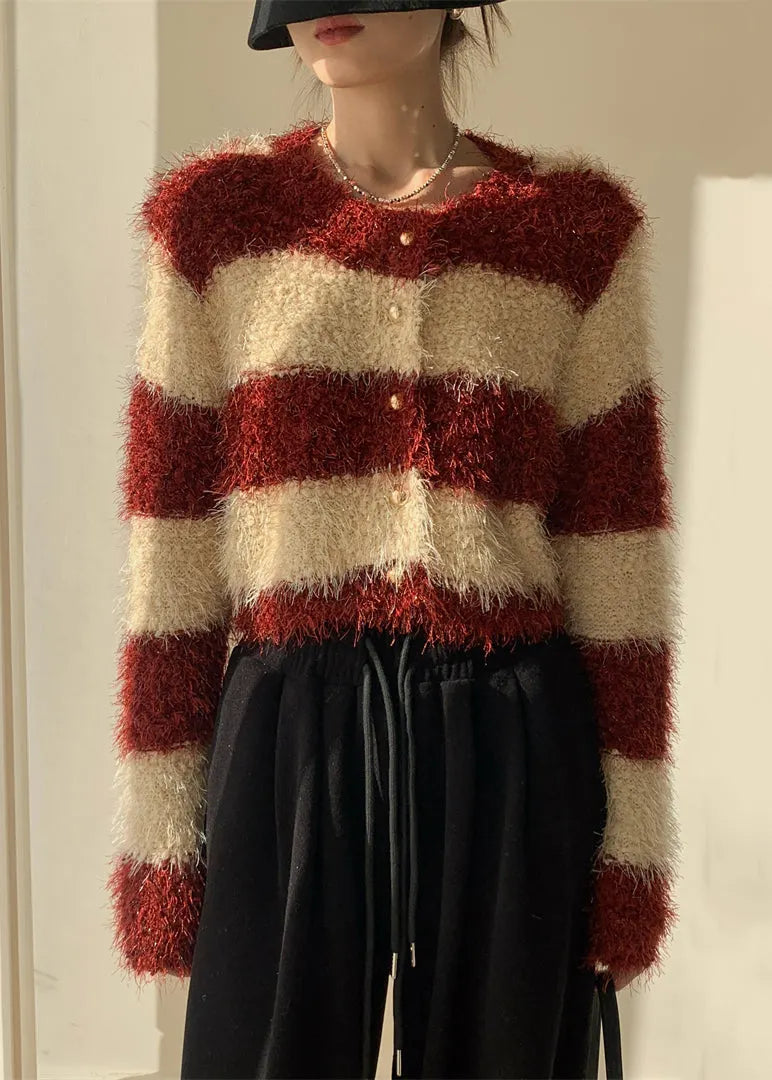 Stylish Red Striped Fluffy Button Knit Cardigans Winter