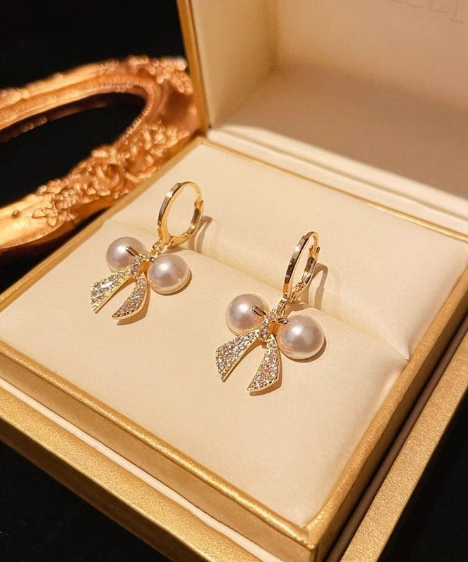 Gold Copper Alloy Zircon Patchwork Bow Pearl Hoop Earrings