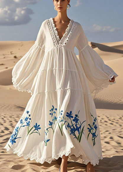 White V Neck Print Cotton Vacation Dresses Flare Sleeve