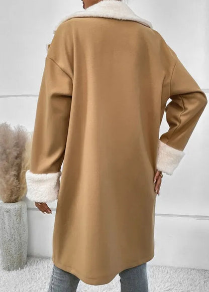 Khaki Peter Pan Collar Button Fleece Wool Lined Coat Outwear Winter