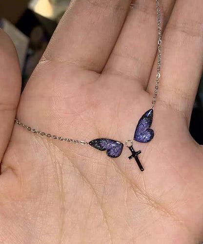 Purple Silver Alloy Zircon Butterfly Cross Pendant Necklace