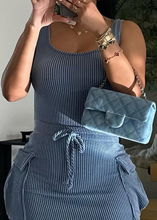 Blue O Neck Pockets Patchwork Cotton Dresses Sleeveless
