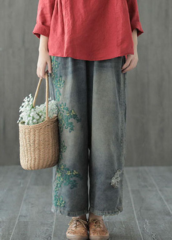 Blue Hole Embroidered Denim Cotton Wide Leg Pants Spring