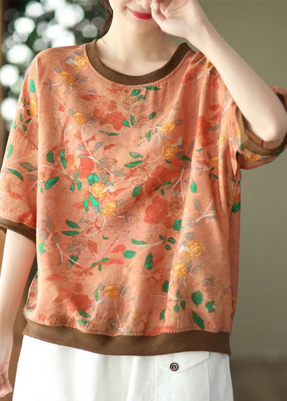 Yellow O Neck Print Patchwork Linen Top Summer