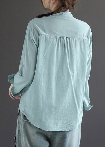 White Stand Collar Embroidered Button Cotton Shirt Long Sleeve