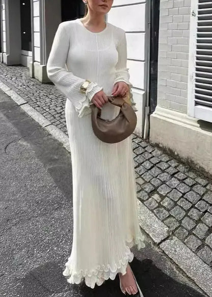 Slim Fit White O-neck Ruffled Patchwork Knit Long Dress Spring