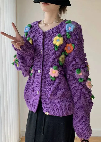 New Purple Button Patchwork Knit Coat Winter