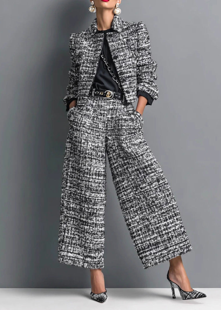 French Black Coat and Pants Cotton Two Pieces Set Fall