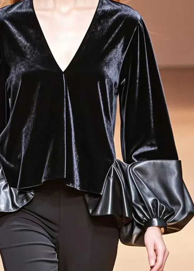 Unique Black V Neck Patchwork Pu Silk Velour Tops Lantern Sleeve