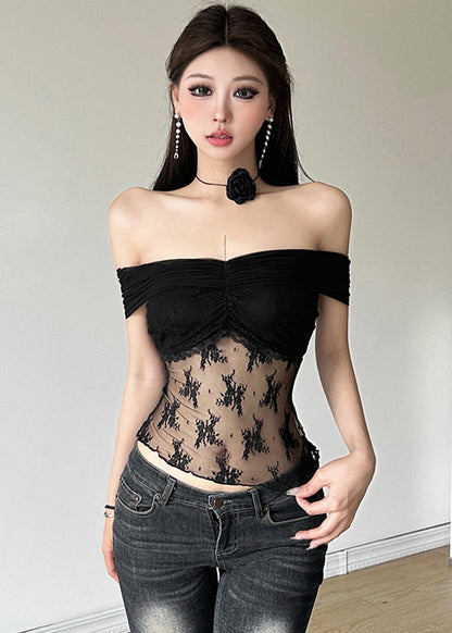 White Slash Neck Cold Shoulder Lace Embroidered Top Summer