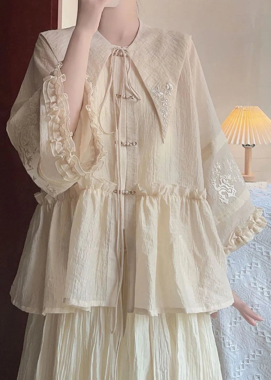 Art Beige Peter Pan Collar Ruffled Shirts and Skirts Cotton Two Pieces Set Spring