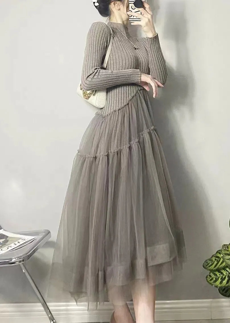 Grey Asymmetrical Tulle Patchwork Long Dresses Fall