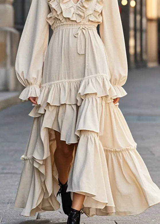 Apricot Ruffled Asymmetrical Design Cotton Cinched Dress Fall
