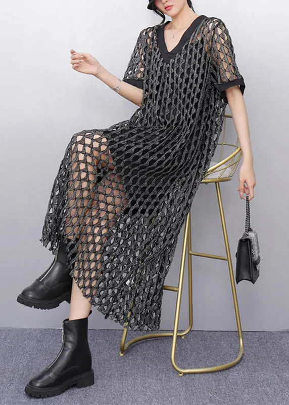 Dark Grey Hollow Out Long Dresses Short Sleeve
