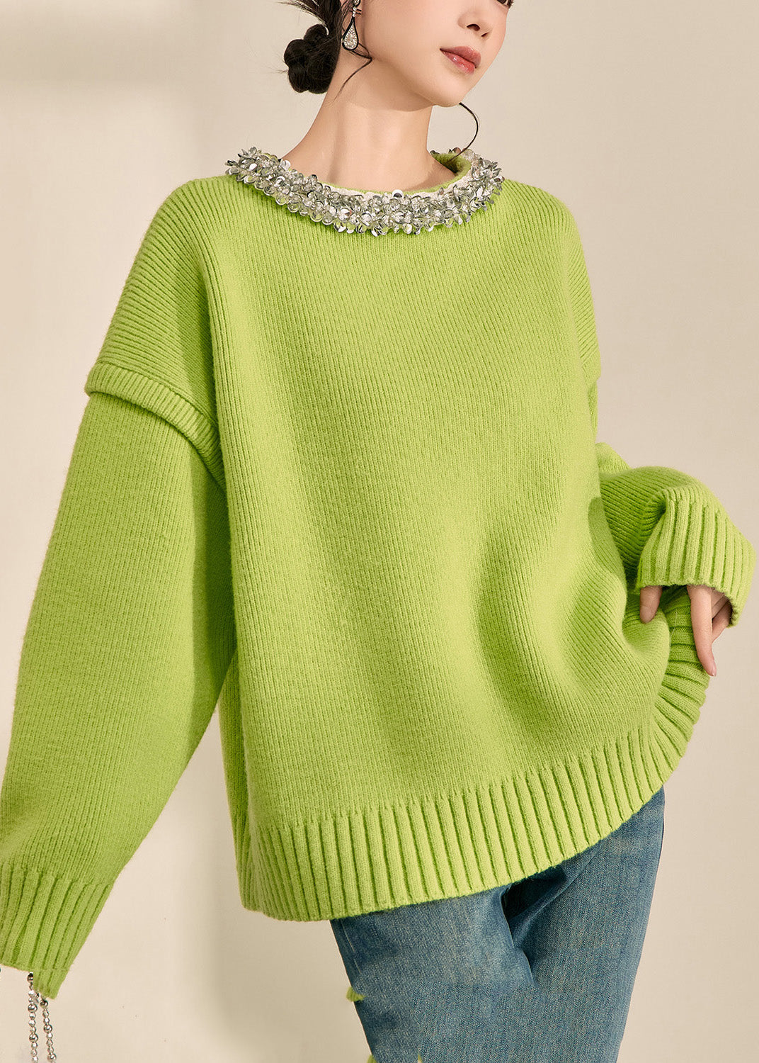 Green O-neck Patchwork Cotton Knit Sweater Long Sleeve