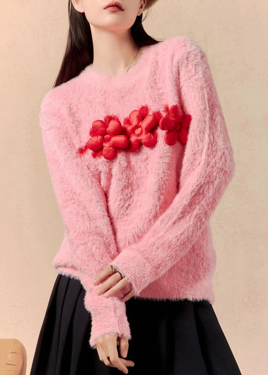 Pink O Neck Mink Hair Knitted Sweaters Winter