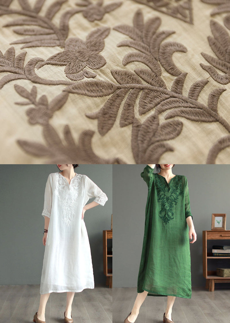Khaki V Neck Embroidered Patchwork Linen Dress Summer