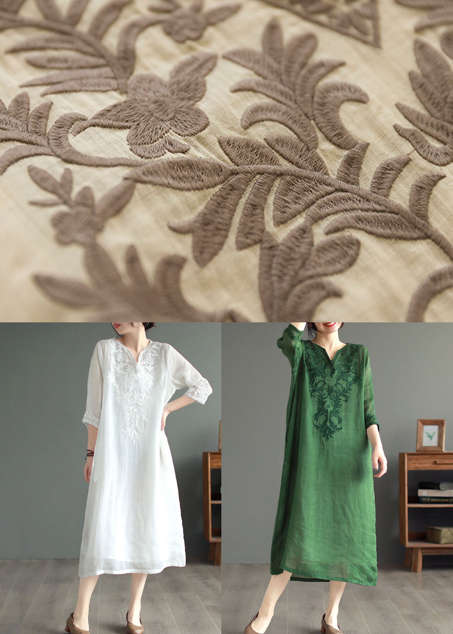 Khaki V Neck Embroidered Patchwork Linen Dress Summer