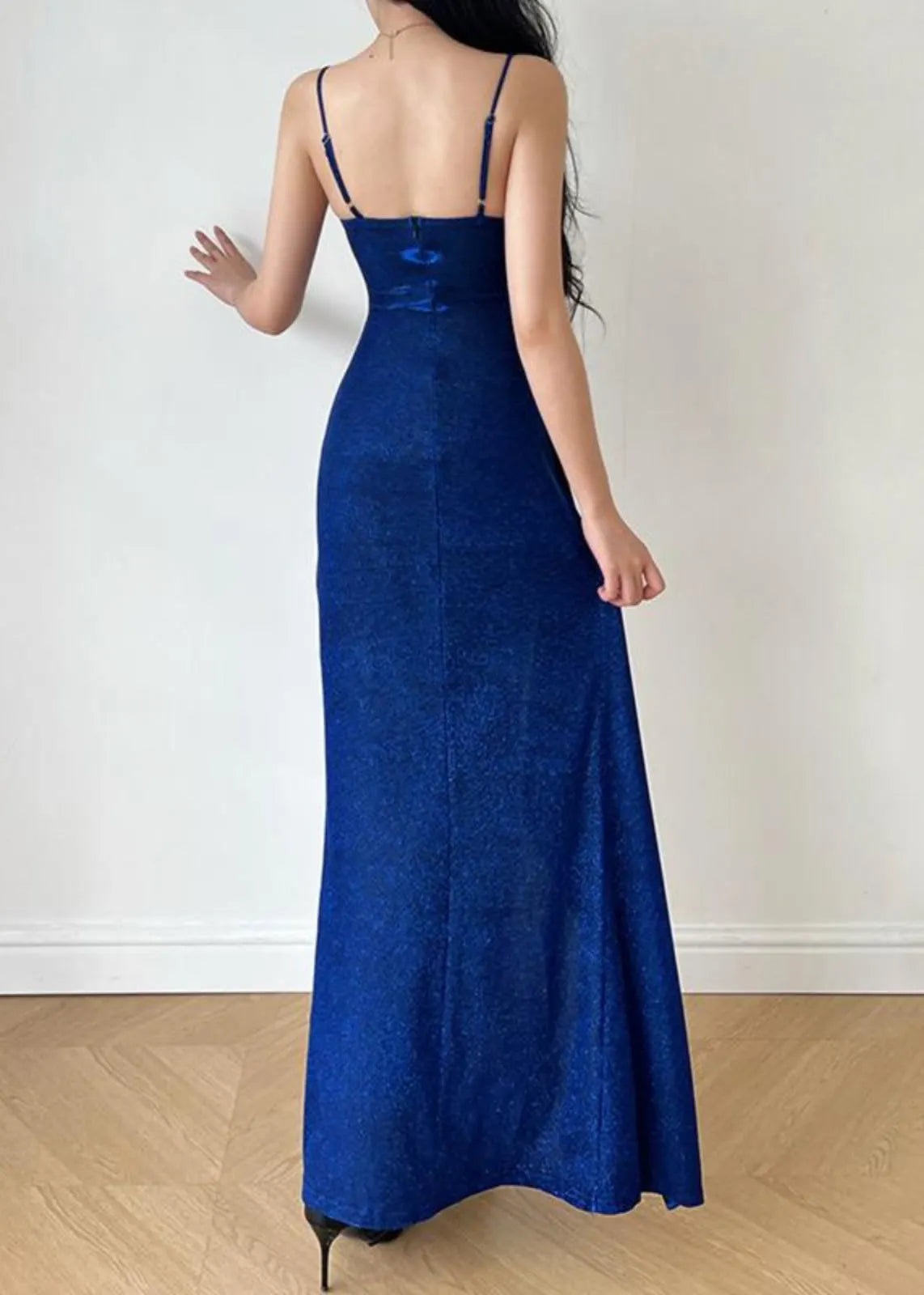 Slim Fit Blue Front Open Spaghetti Strap Dress Sleeveless