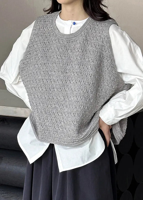 Grey O Neck Hollow Out Knit Vest Sleeveless