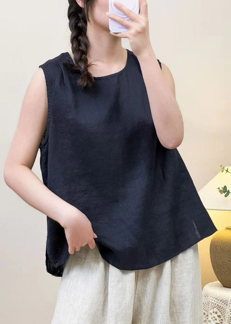 Simple Navy O Neck Button Linen Shirt Sleeveless