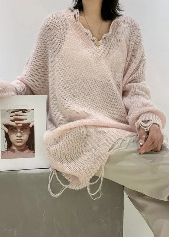 Green V Neck Ripped Ma Hai Mao Knit Sweaters Winter