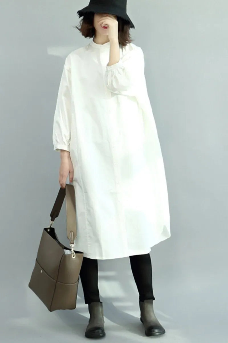 Loose Shirt Dress, Stand Collar Winter Long Shirt