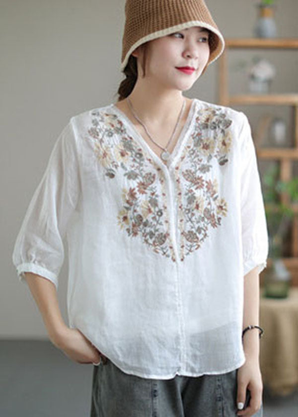 White V Neck Embroidered Linen Blouse Tops Half Sleeve