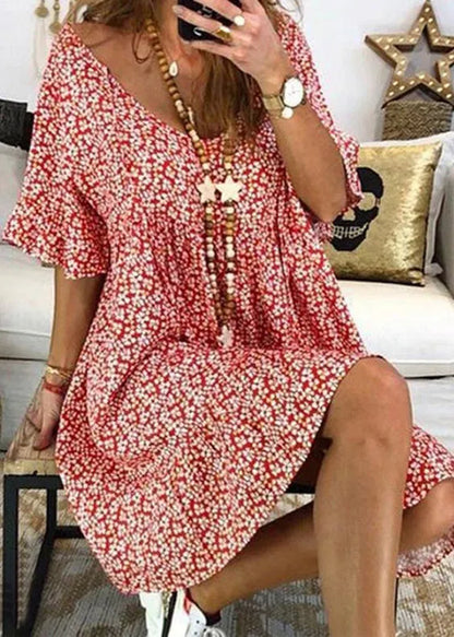 Red V Neck Print Patchwork Cotton Dress Summer