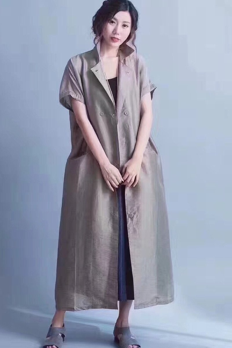 Green Silk Linen Long Dress Wind Coat Q