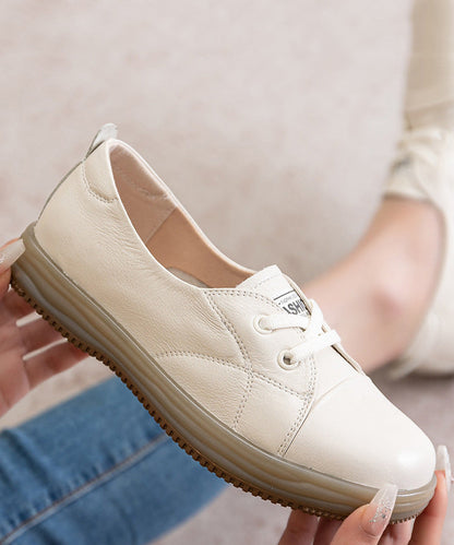 Beige Cowhide Leather Comfy Splicing Flat Shoes