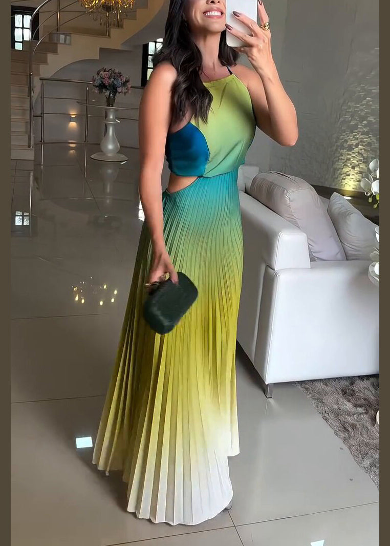 New Hanging Neck Hundred Fold Green Gradient Dress